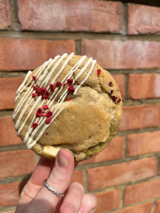 Raspberry, white chocolate and pistachio stuffed cookies