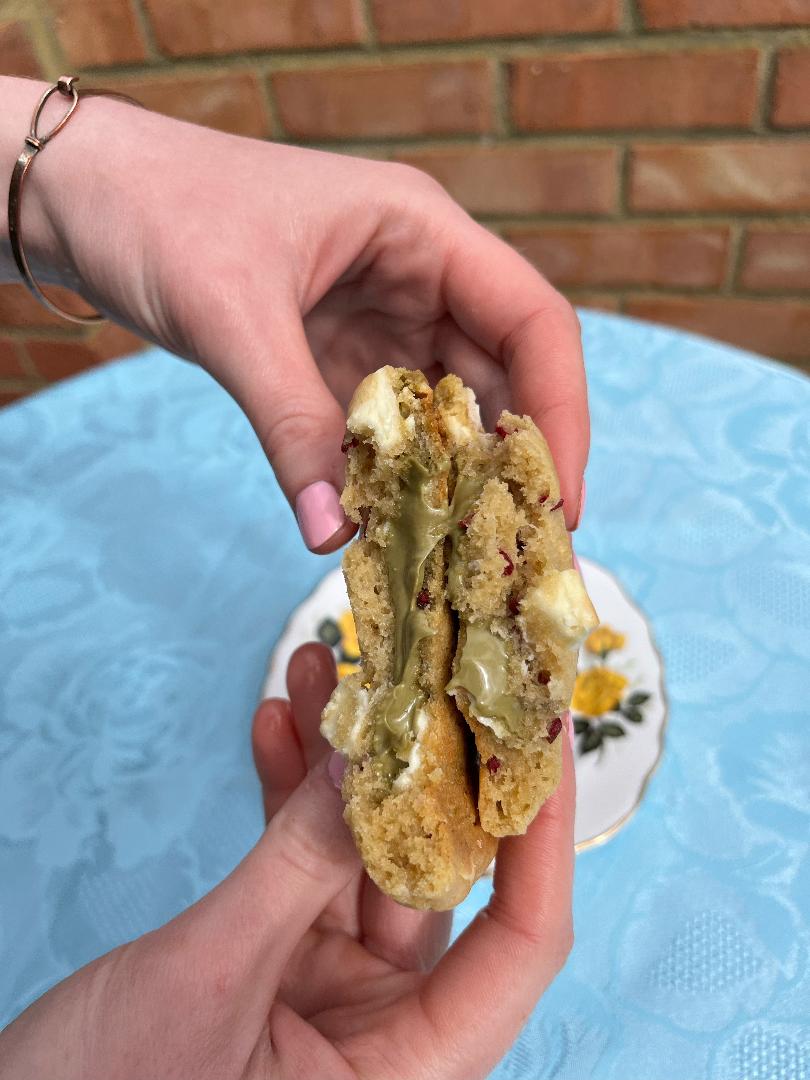 Raspberry, white chocolate and pistachio stuffed cookies